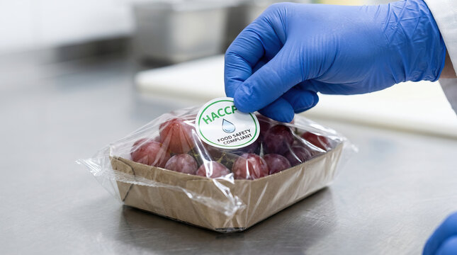 Gloved hand applies food safety sticker to packaged grapes in processing facility, hygiene conscious quality control scene with compliant packaging and inspection