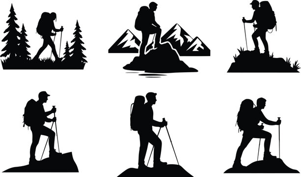 Set of hiking and trekking silhouettes with backpackers exploring mountains and forest landscapes isolated on white background representing adventure, travel, and outdoor lifestyle