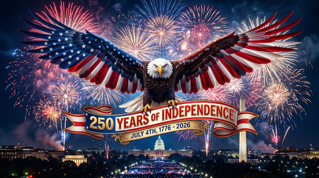American bald eagle with fireworks display on 250th anniversary of united states independence day in washington dc