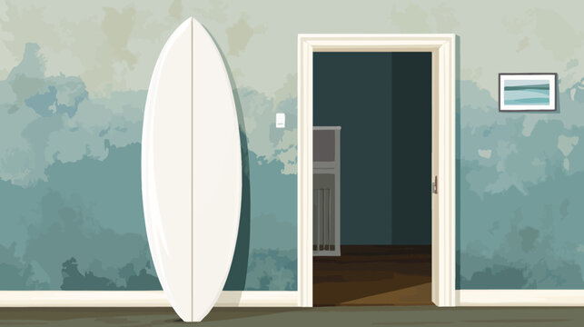 Simplified illustration of a surfboard inside a room with a doorway and a picture