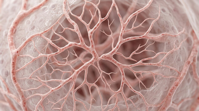Delicate branching capillary network entwined around pulmonary alveolus, microscopic blood vessel web supplying oxygen to lung tissue