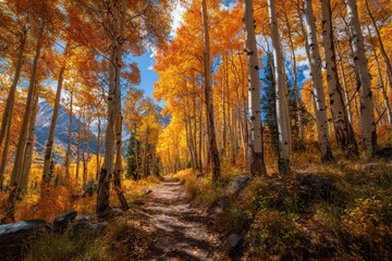 Obraz premium Scenic autumn grove of aspens beside a mountain trail under a clear blue sky