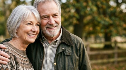 Fototapeta premium Portrait of happy senior couple smiling together outdoors in park. Concept of healthy aging, retirement planning, long term relationship, mature love and elderly lifestyle.