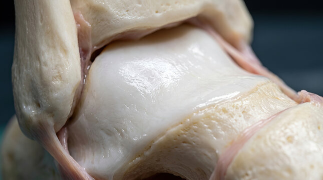 Shiny articular cartilage covering femur and tibia at knee joint, close up medical anatomy view showing smooth bone surface texture and ligament attachments