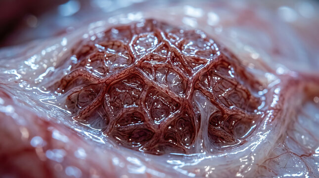 Glistening capillary cluster on moist tissue showing detailed vascular network and translucent membrane, clinical close up conveying intricate biology and sterile surgical context
