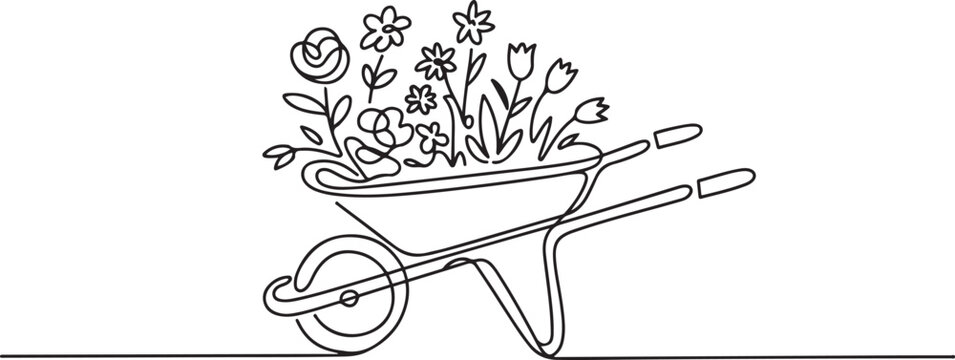 Flowers on wheel barrow outline drawing illustration. one continuous line drawing of gardening with wheel barrow concept. one line art icon drawing vector