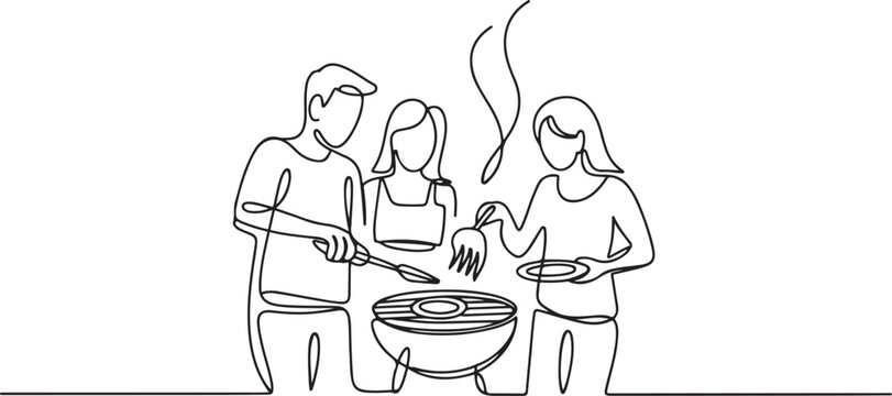 Three friends having fun barbeque. Barbequing with friends or family concept. one line art icon drawing vector