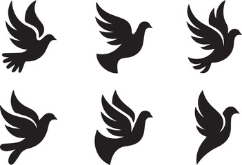 Obraz premium A set of black dove silhouettes flying in different directions on a white background