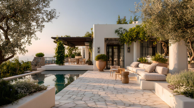A modern Mediterranean outdoor patio with white plastered walls, built-in terracotta seating, and an infinity pool edge. Olive trees in large clay pots, porcelain pavers, and a pergola with climbing v