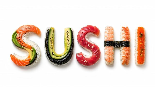Bunter Sushi Schriftzug aus Reis Fisch und Avocado auf wei&szlig;em Hintergrund
K&uuml;nstlerischer Schriftzug aus Sushi-Zutaten mit Lachs, Thunfisch, Garnele und Avocado auf hellem Hintergrund