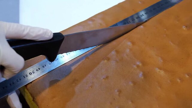 Close-up shot of a pastry chef's hands in white gloves using a long metal ruler and a sharp knife to precisely cut a large, smooth sheet of golden-brown salted caramel.