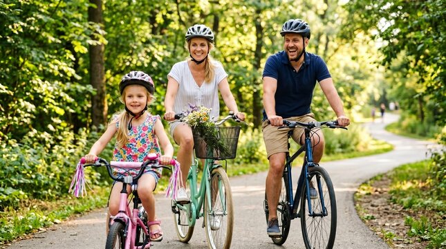 Happy family cycling on forest road, parents and daughter riding bicycles in park, active summer holiday, healthy lifestyle, green trees, togetherness, outdoor fun, smiling people