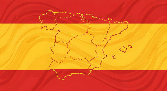 Spain map on flag background with wavy lines pattern illustration