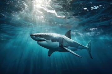 Fototapeta premium Mature great white shark patrolling shallow reefs, sunlit blue water and calm ocean scene