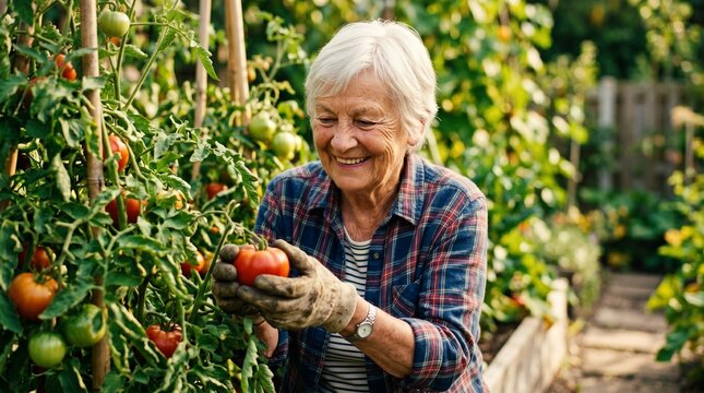 Happy senior woman harvesting ripe organic tomatoes in home garden for sustainable living and healthy lifestyle concept with smiling elderly person enjoying retirement and hobby