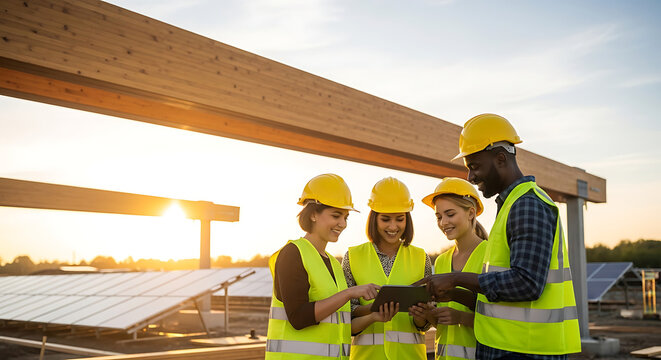 A diverse team of construction workers in yellow hard hats and vests review plans on a tablet at a solar panel site during sunset