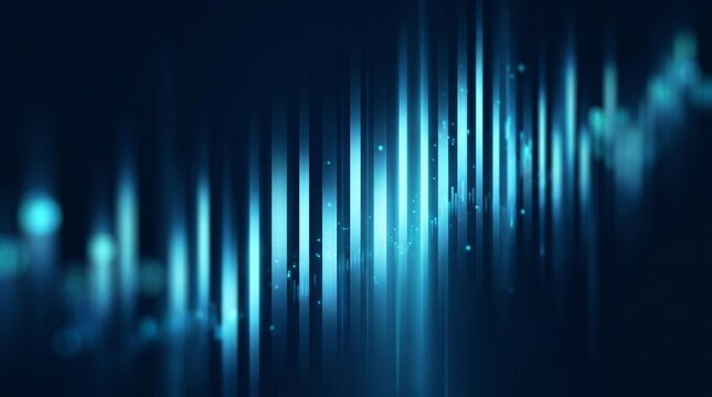 Abstract blue digital data equalizer and light streaks background, technology visualization of sound or information, futuristic flow of bits and signals, cyber space concept
