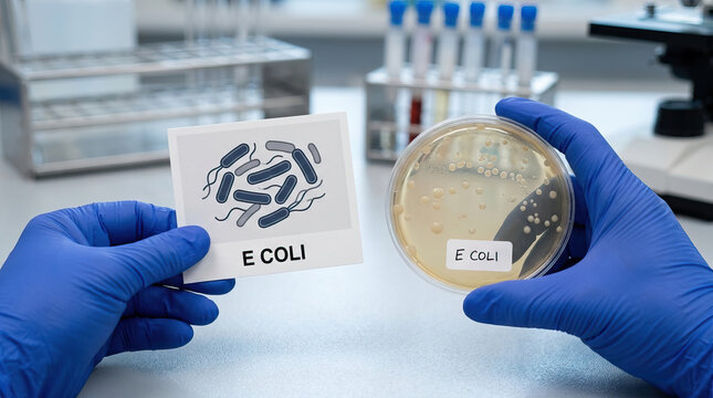 Gloved hand holding petri dish with bacterial colonies and gloved hand holding labeled illustration of bacteria, laboratory bench with test tubes and microscope background, clinical microbiology