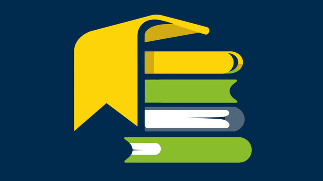 Stylized image of a stack of books with a yellow bookmark against a dark blue background