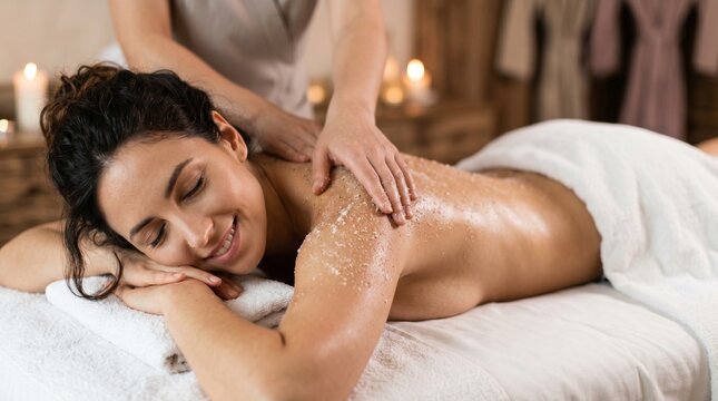 Young attractive woman enjoying body peeling treatment in spa center. Professional therapist applying salt scrub for skin rejuvenation and wellness relaxation.