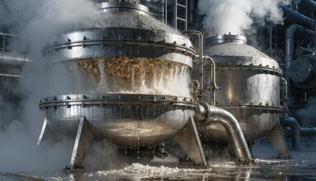 Medium shot of a pulp digester with batch cooking process showcasing steam rising from large industrial vessels as wood chips transform into pulp.