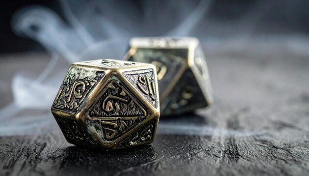 Intricate brass polyhedral dice with sharp edges and deep engravings resting on a dark surface, perfect for high stakes tabletop roleplaying games and immersive fantasy board gaming sessions.