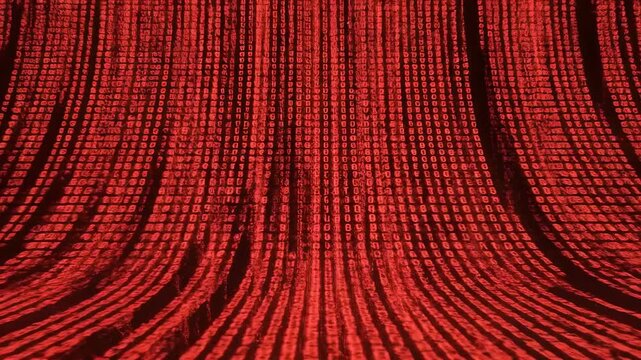 This captures a stunning visual representation of binary code flowing down a dark screen, creating a vibrant and dramatic display of red numbers and symbols. The mesmerizing pattern creates a serene