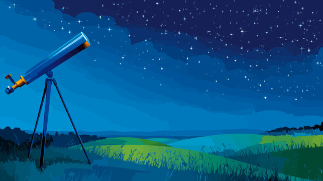 A stylized illustration of a telescope overlooking a landscape under a starry night sky