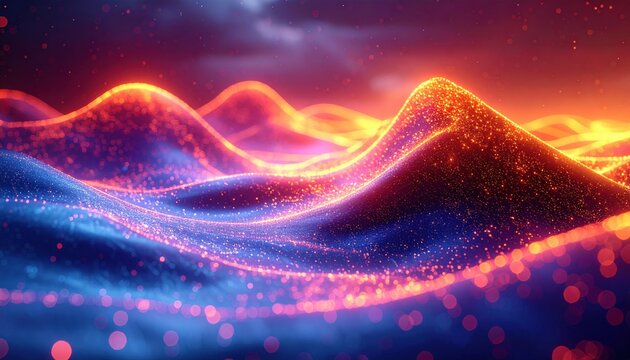 An abstract representation of quantum annealing showing smooth descents of vibrant light waves and golden particles, illustrating complex mathematical optimization processes.