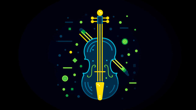 A vectorized illustration of a string instrument with a bow against a dark blue background