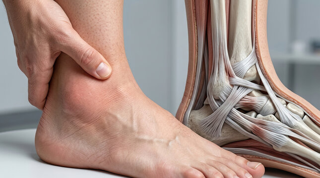 Ankle pain and swollen foot with hand pressing inflamed area near ankle alongside anatomical illustration of tendons and ligaments for medical concept and healthcare education