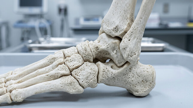 Ankle bone anatomy model showing detailed talus calcaneus and metatarsal joints in medical lab setting, educational and clinical reference for study and diagnosis