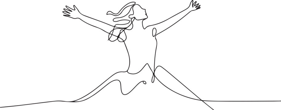 Happy woman. The girl rejoices in victory. Conquering the peak. Woman with outstretched arms. one line art icon drawing vector