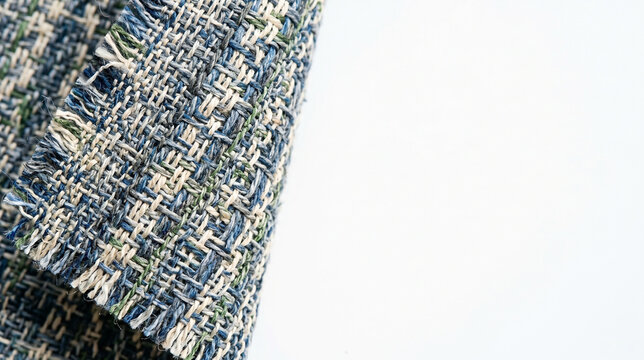 Macro photography of recycled textile fibers woven into a modern pattern. High-tech sustainable fabric on white background with copy space for eco-friendly fashion and design
