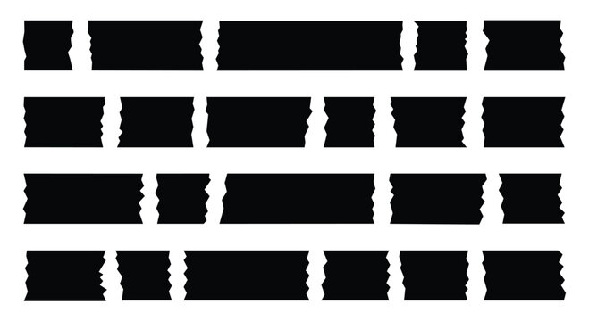 Set of black jagged tape strips and abstract geometric banners on white background