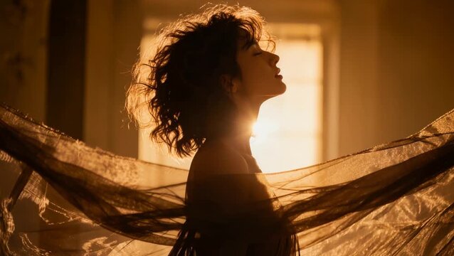 Serene profile portrait of a woman with flowing fabric and backlight, capturing elegance, calm emotion, and artistic minimalism.