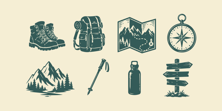 Hiking and Outdoor Adventure Elements Vector Set, Flat Minimal Travel Collection