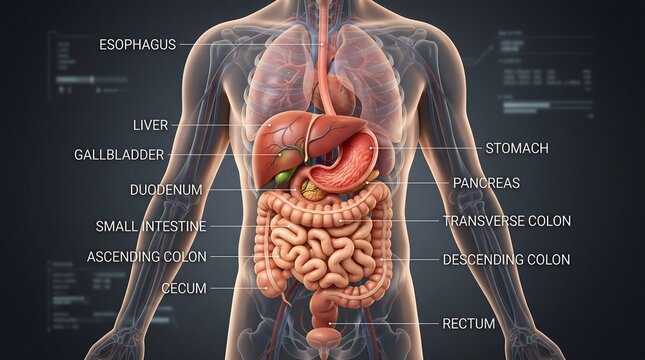 Human digestive system anatomy illustration.