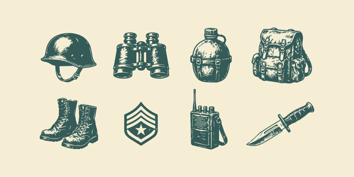 Soldier Equipment and Combat Tools Vector Bundle, Clean Flat Military Illustration Pack