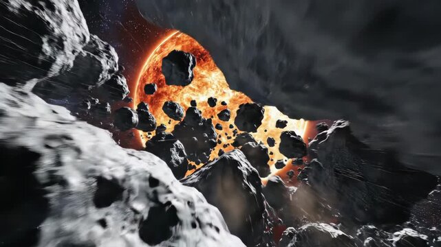 Cinematic space journey through an asteroid field near a glowing orange planet