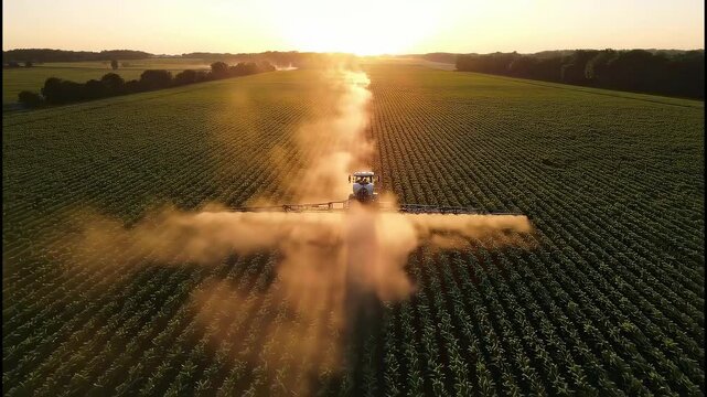 Agricultural tractor spraying pesticides on a large farm field at sunset