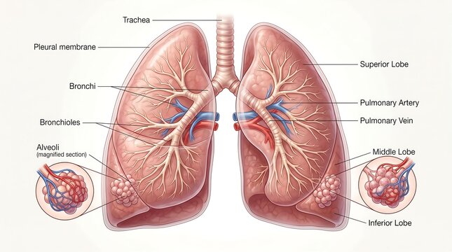 Human lungs anatomy and heart structure.