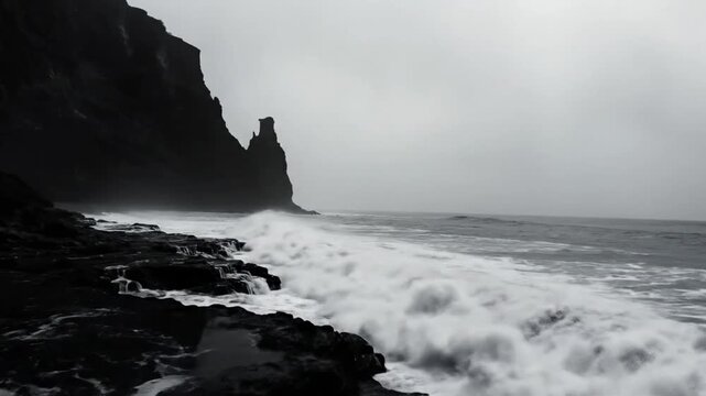 Dramatic black and white ocean waves crashing against a rocky coastline under a cloudy sky
