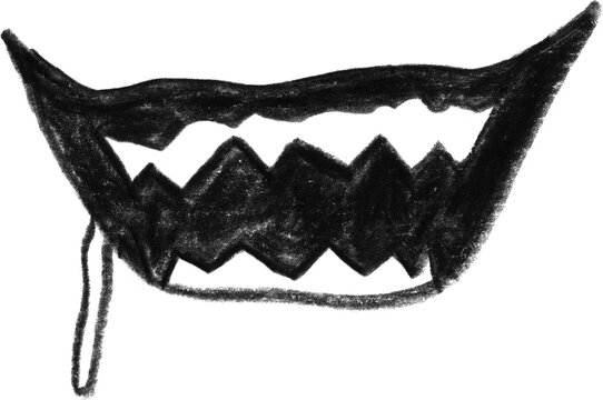 Sinister Smile: A charcoal illustration captures the haunting image of a sharp-toothed grin, exuding an unsettling aura.