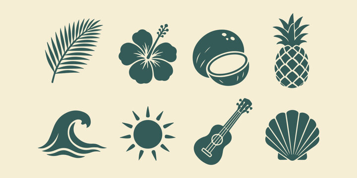 Hawaiian Style Summer Icons Vector Bundle, Clean Flat Tropical Illustration Pack