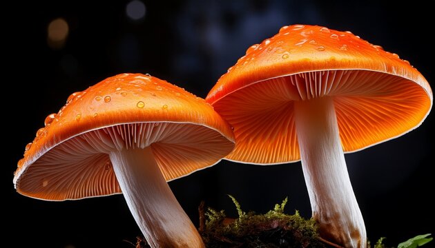 a close up view of two vibrant orange mushrooms on a black background