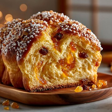 Traditional colomba cake with pearl sugar and raisins for Easter