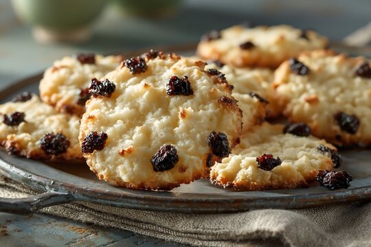 Shirini kishmishi biscuits with raisins on a rustic metal plate