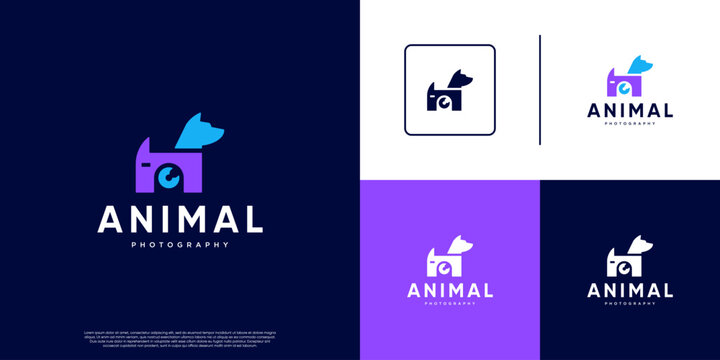 Colorful abstract logo of dog and camera, animal photography service symbol, graphic design inspiration.
