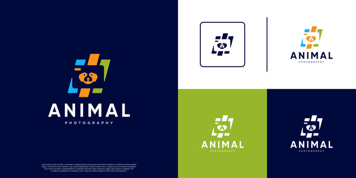 Moment capture logo with camera and dog head concept, pet photography symbol, graphic design template.